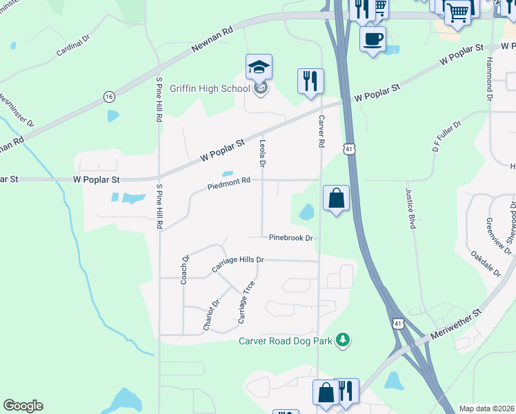map of restaurants, bars, coffee shops, grocery stores, and more near 415 Leola Drive in Griffin