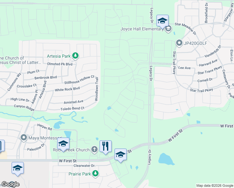 map of restaurants, bars, coffee shops, grocery stores, and more near Amistad Avenue in Prosper