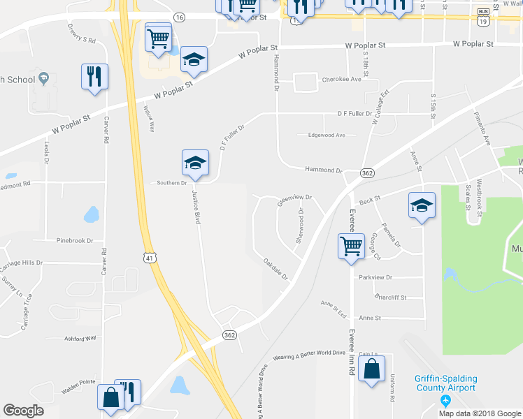 map of restaurants, bars, coffee shops, grocery stores, and more near 1324 Oakdale Drive in Griffin