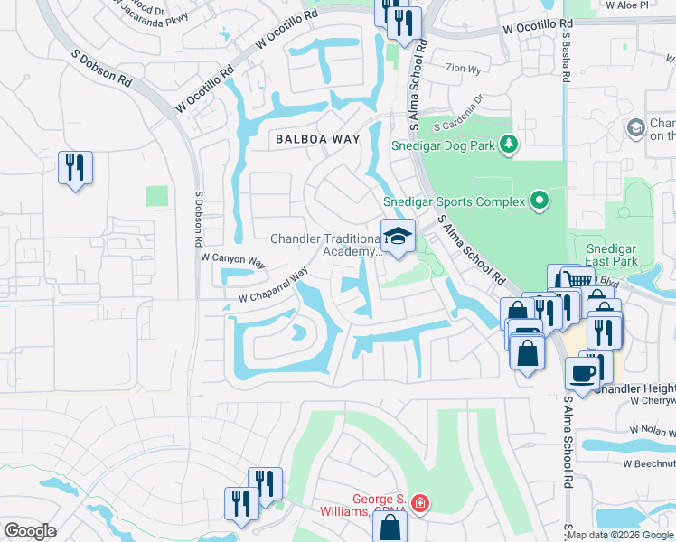 map of restaurants, bars, coffee shops, grocery stores, and more near 4702 South Oleander Drive in Chandler
