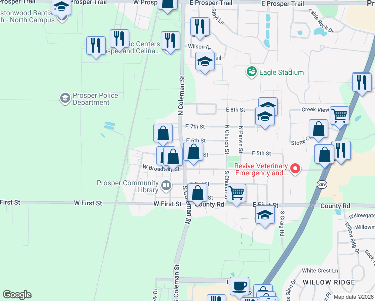 map of restaurants, bars, coffee shops, grocery stores, and more near 106 East 5th Street in Prosper