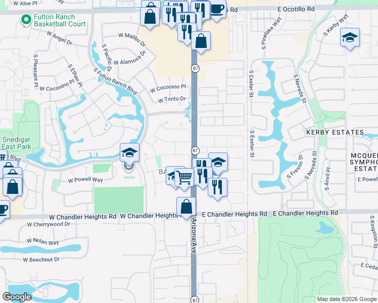 map of restaurants, bars, coffee shops, grocery stores, and more near 15 West Blue Ridge Way in Chandler