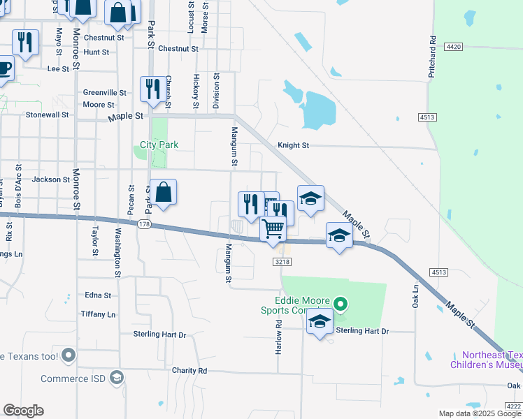 map of restaurants, bars, coffee shops, grocery stores, and more near 720 Culver Street in Commerce