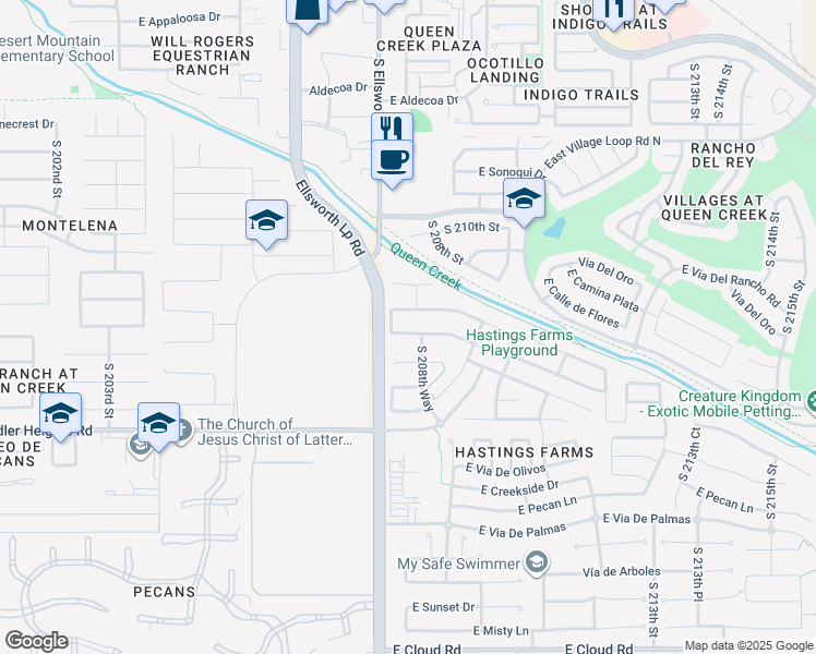 map of restaurants, bars, coffee shops, grocery stores, and more near 20852 East Camina Buena Vista in Queen Creek