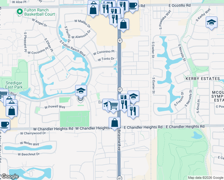 map of restaurants, bars, coffee shops, grocery stores, and more near 54 West Blue Ridge Way in Chandler