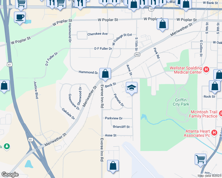 map of restaurants, bars, coffee shops, grocery stores, and more near 805 Pamela Drive in Griffin