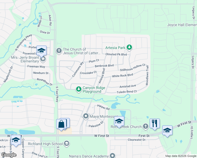 map of restaurants, bars, coffee shops, grocery stores, and more near 1709 Medina Lane in Prosper