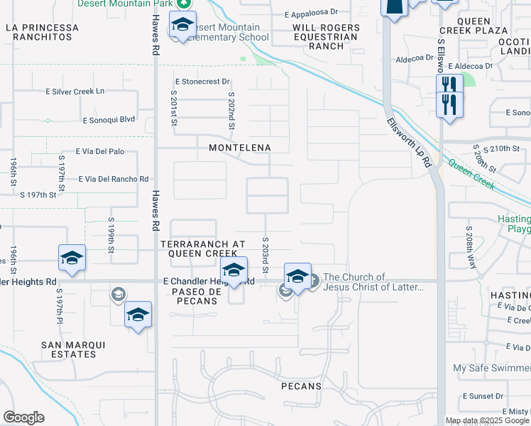 map of restaurants, bars, coffee shops, grocery stores, and more near South 203rd Street in Queen Creek
