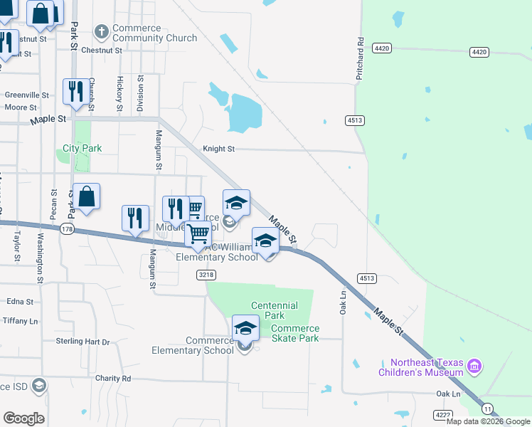 map of restaurants, bars, coffee shops, grocery stores, and more near Maple Street in Commerce