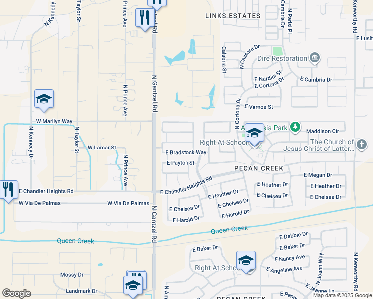 map of restaurants, bars, coffee shops, grocery stores, and more near 490 East Bradstock Way in Queen Creek