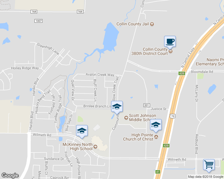 map of restaurants, bars, coffee shops, grocery stores, and more near 3621 Willow Creek Trail in McKinney