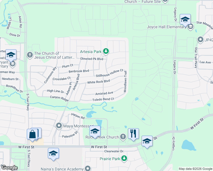 map of restaurants, bars, coffee shops, grocery stores, and more near 16500 Dry Creek Boulevard in Prosper
