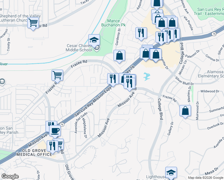 map of restaurants, bars, coffee shops, grocery stores, and more near 4765 Lagunita Way in Oceanside