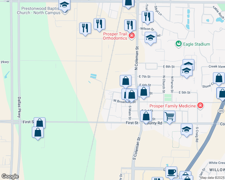 map of restaurants, bars, coffee shops, grocery stores, and more near 408 West 5th Street in Prosper