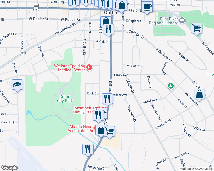map of restaurants, bars, coffee shops, grocery stores, and more near 665 South Hill Street in Griffin