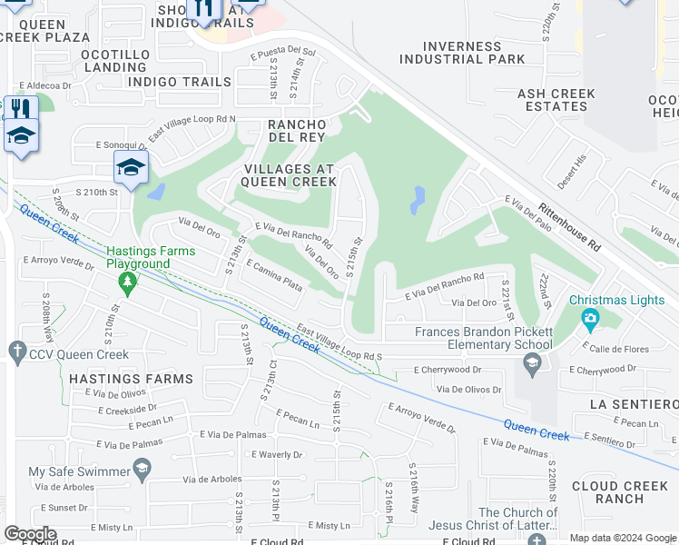 map of restaurants, bars, coffee shops, grocery stores, and more near 21486 East Vía Del Oro in Queen Creek