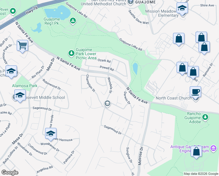 map of restaurants, bars, coffee shops, grocery stores, and more near 5344 Wendela Street in Oceanside