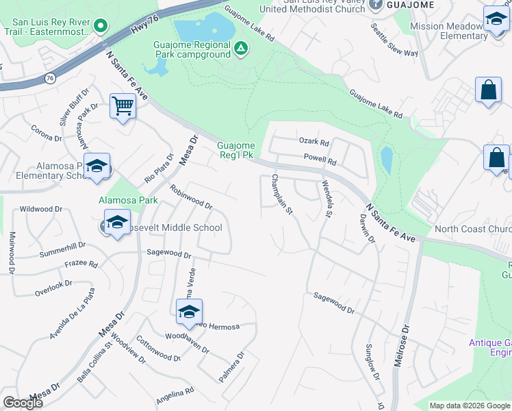 map of restaurants, bars, coffee shops, grocery stores, and more near 5241 Wohlford Street in Oceanside