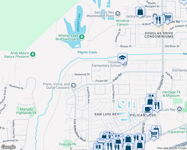 map of restaurants, bars, coffee shops, grocery stores, and more near 3664 Forest Road in Oceanside