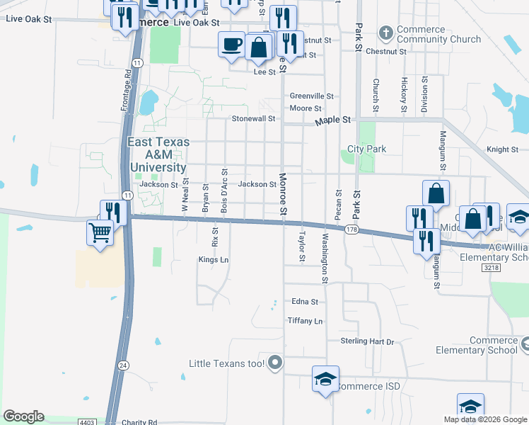 map of restaurants, bars, coffee shops, grocery stores, and more near in Commerce