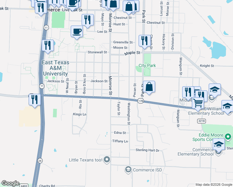 map of restaurants, bars, coffee shops, grocery stores, and more near 2519 Taylor Street in Commerce