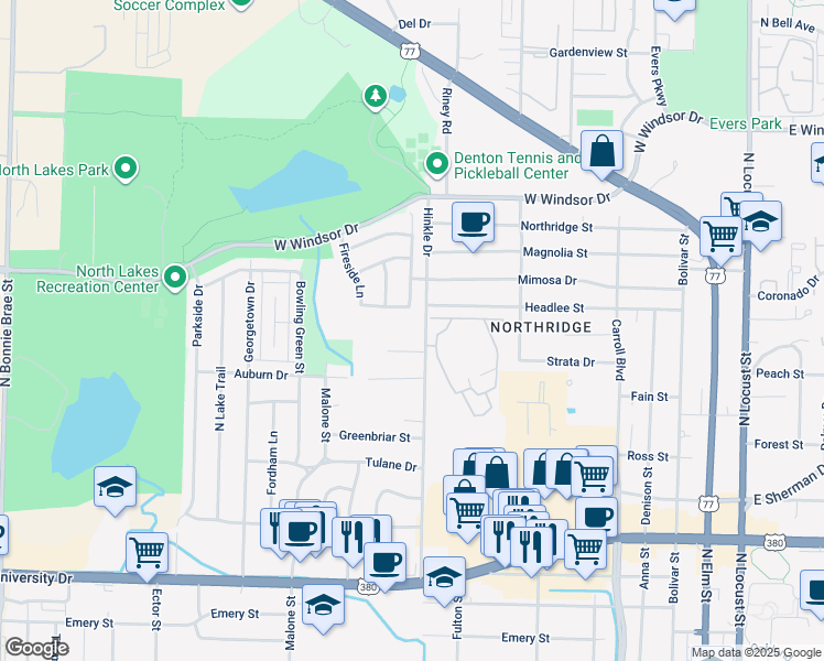 map of restaurants, bars, coffee shops, grocery stores, and more near 2525 Hinkle Drive in Denton