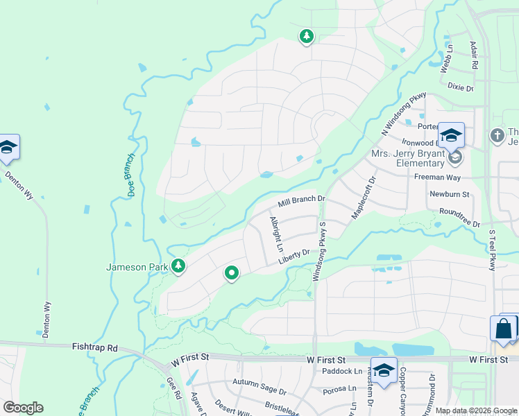 map of restaurants, bars, coffee shops, grocery stores, and more near 100 Albright Lane in Prosper