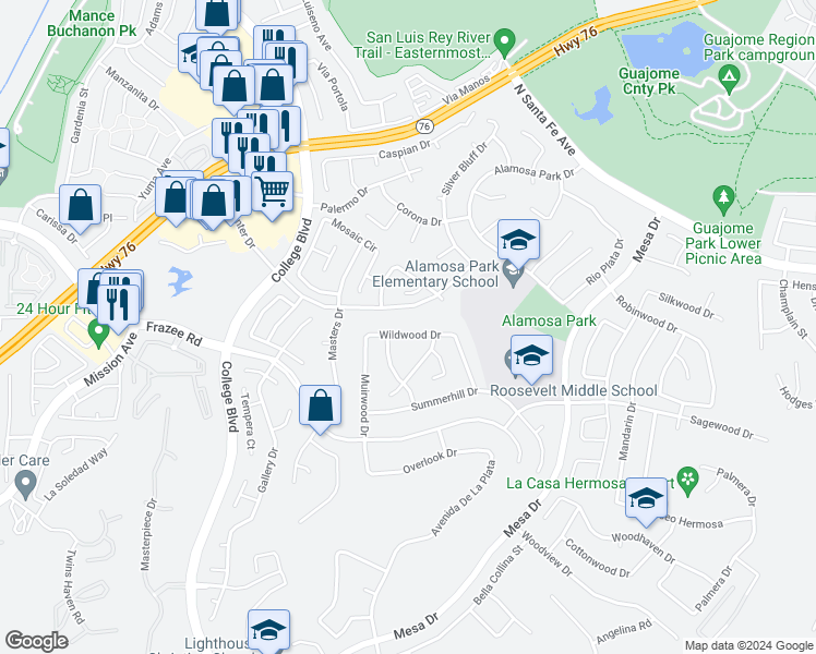 map of restaurants, bars, coffee shops, grocery stores, and more near 4946 Wildwood Drive in Oceanside