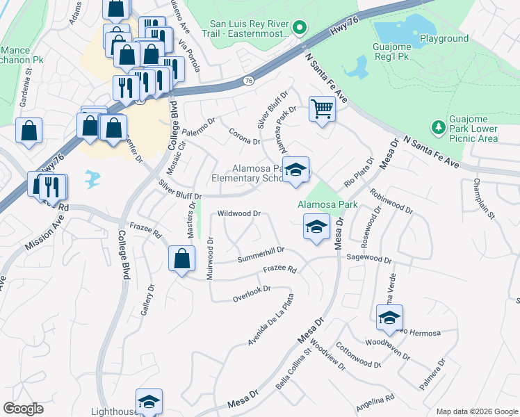 map of restaurants, bars, coffee shops, grocery stores, and more near 4982 Wildwood Drive in Oceanside