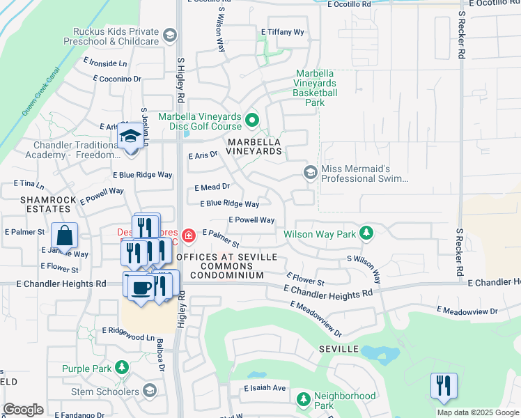 map of restaurants, bars, coffee shops, grocery stores, and more near 3439 East Powell Way in Gilbert