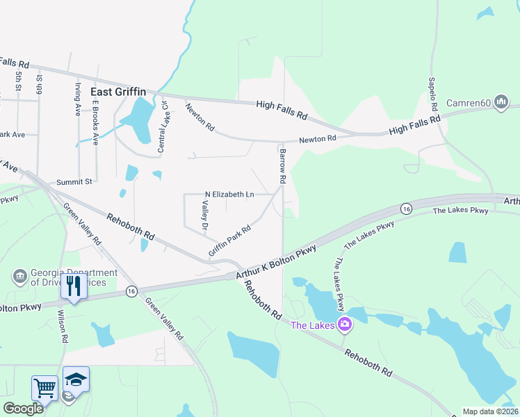 map of restaurants, bars, coffee shops, grocery stores, and more near 217 Griffin Park Road in Griffin