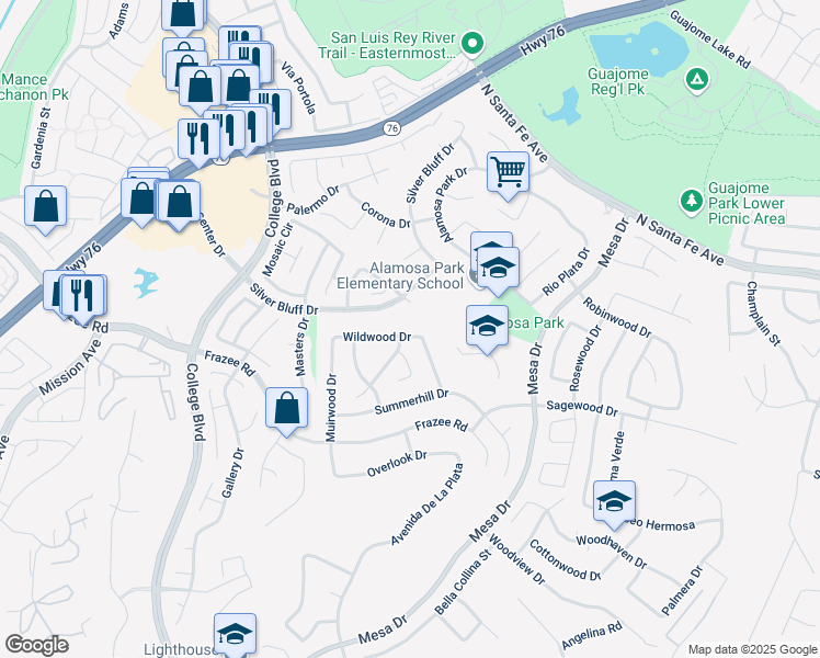 map of restaurants, bars, coffee shops, grocery stores, and more near 4982 Wildwood Drive in Oceanside