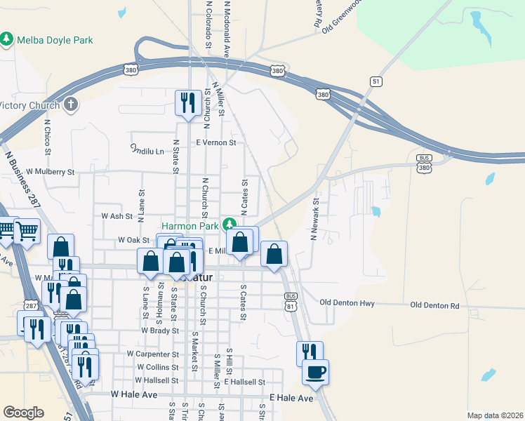 map of restaurants, bars, coffee shops, grocery stores, and more near 402 East Ash Street in Decatur