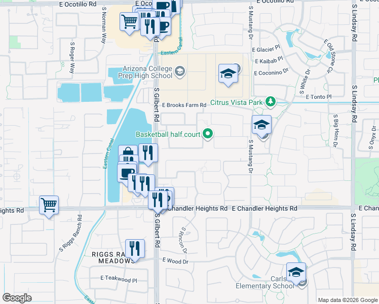 map of restaurants, bars, coffee shops, grocery stores, and more near 3201 East Lynx Place in Chandler