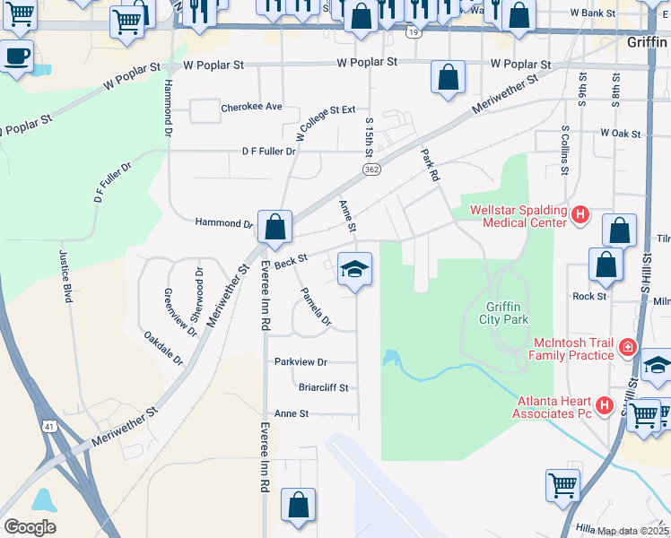 map of restaurants, bars, coffee shops, grocery stores, and more near 825 Charles Circle in Griffin