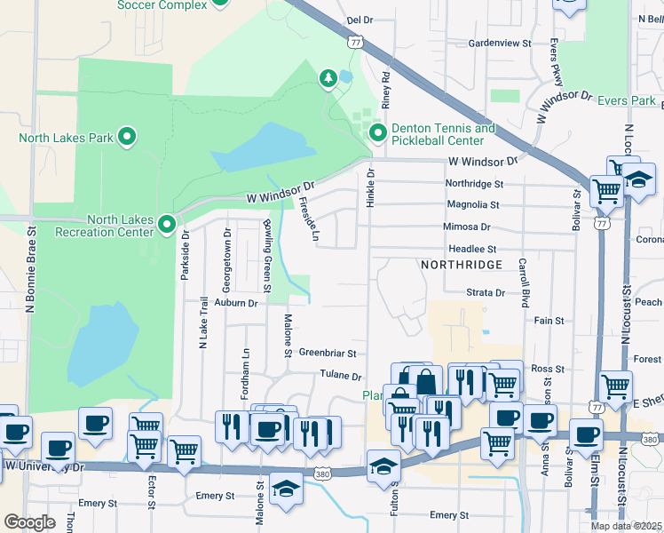 map of restaurants, bars, coffee shops, grocery stores, and more near 1214 Meadow Ridge Drive in Denton