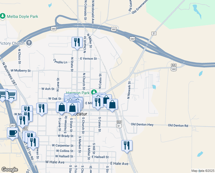 map of restaurants, bars, coffee shops, grocery stores, and more near 402 East Ash Street in Decatur