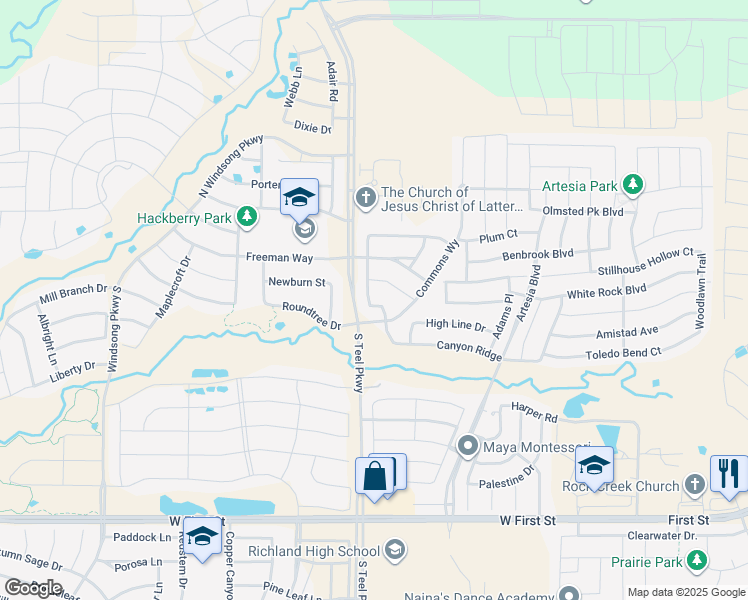 map of restaurants, bars, coffee shops, grocery stores, and more near 1535 Commons Way in Prosper