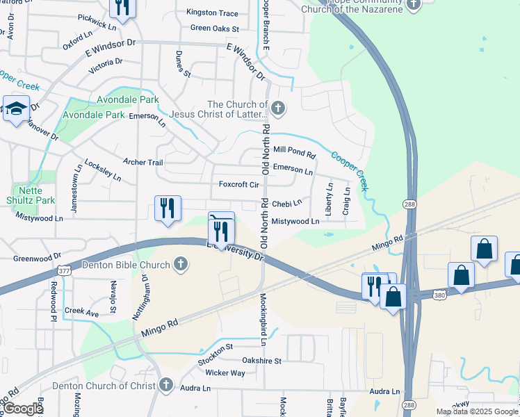 map of restaurants, bars, coffee shops, grocery stores, and more near 2704 Carson Drive in Denton