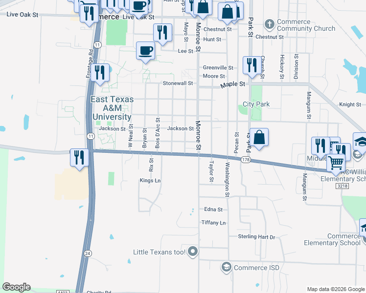 map of restaurants, bars, coffee shops, grocery stores, and more near in Commerce