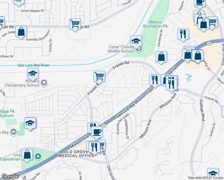 map of restaurants, bars, coffee shops, grocery stores, and more near 4532 Morning Dove Way in Oceanside