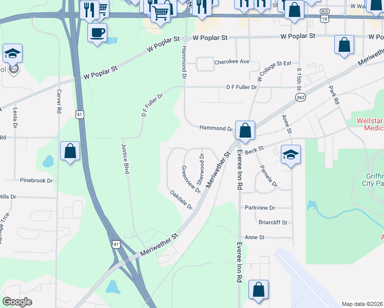 map of restaurants, bars, coffee shops, grocery stores, and more near 1314 Greenview Drive in Griffin