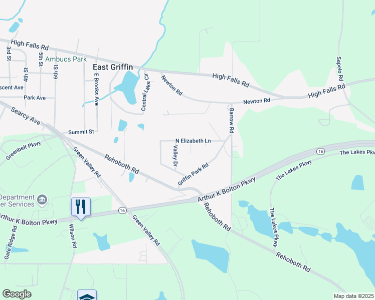 map of restaurants, bars, coffee shops, grocery stores, and more near 107 Oakwood in Griffin