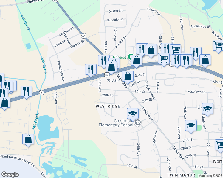 map of restaurants, bars, coffee shops, grocery stores, and more near 3704 30th Street in Northport