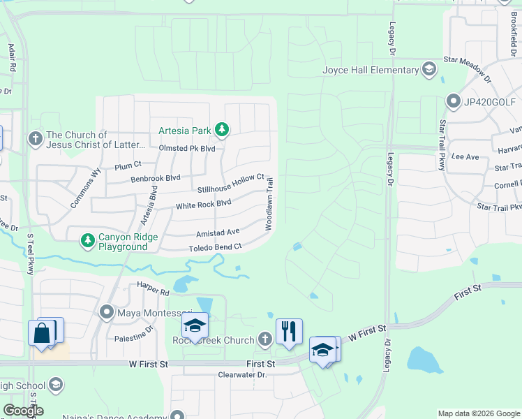 map of restaurants, bars, coffee shops, grocery stores, and more near 16728 White Rock Boulevard in Prosper