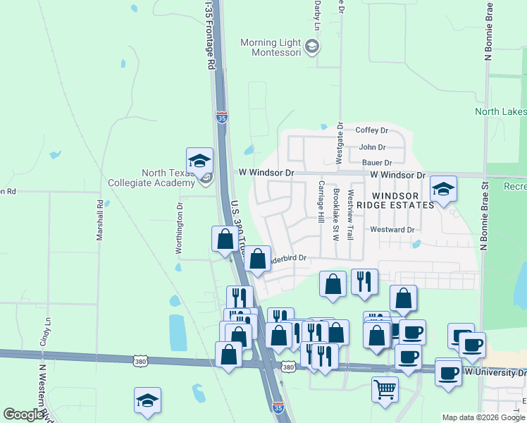 map of restaurants, bars, coffee shops, grocery stores, and more near 2101 Windsor Farms Drive in Denton