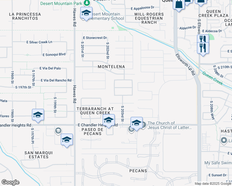map of restaurants, bars, coffee shops, grocery stores, and more near 23214 South 202nd Way in Queen Creek