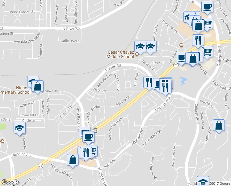 map of restaurants, bars, coffee shops, grocery stores, and more near 4425 Pala Road in Oceanside