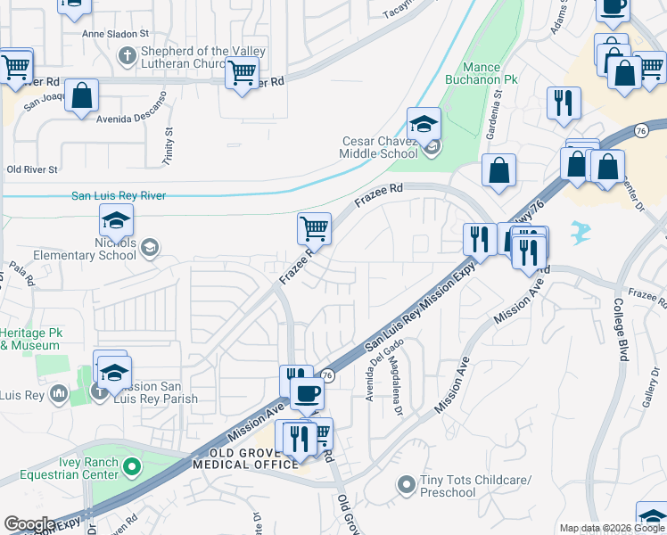 map of restaurants, bars, coffee shops, grocery stores, and more near 4508 Morning Dove Way in Oceanside