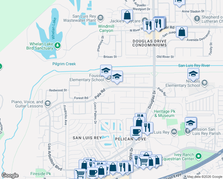 map of restaurants, bars, coffee shops, grocery stores, and more near 3880 Arista Way in Oceanside